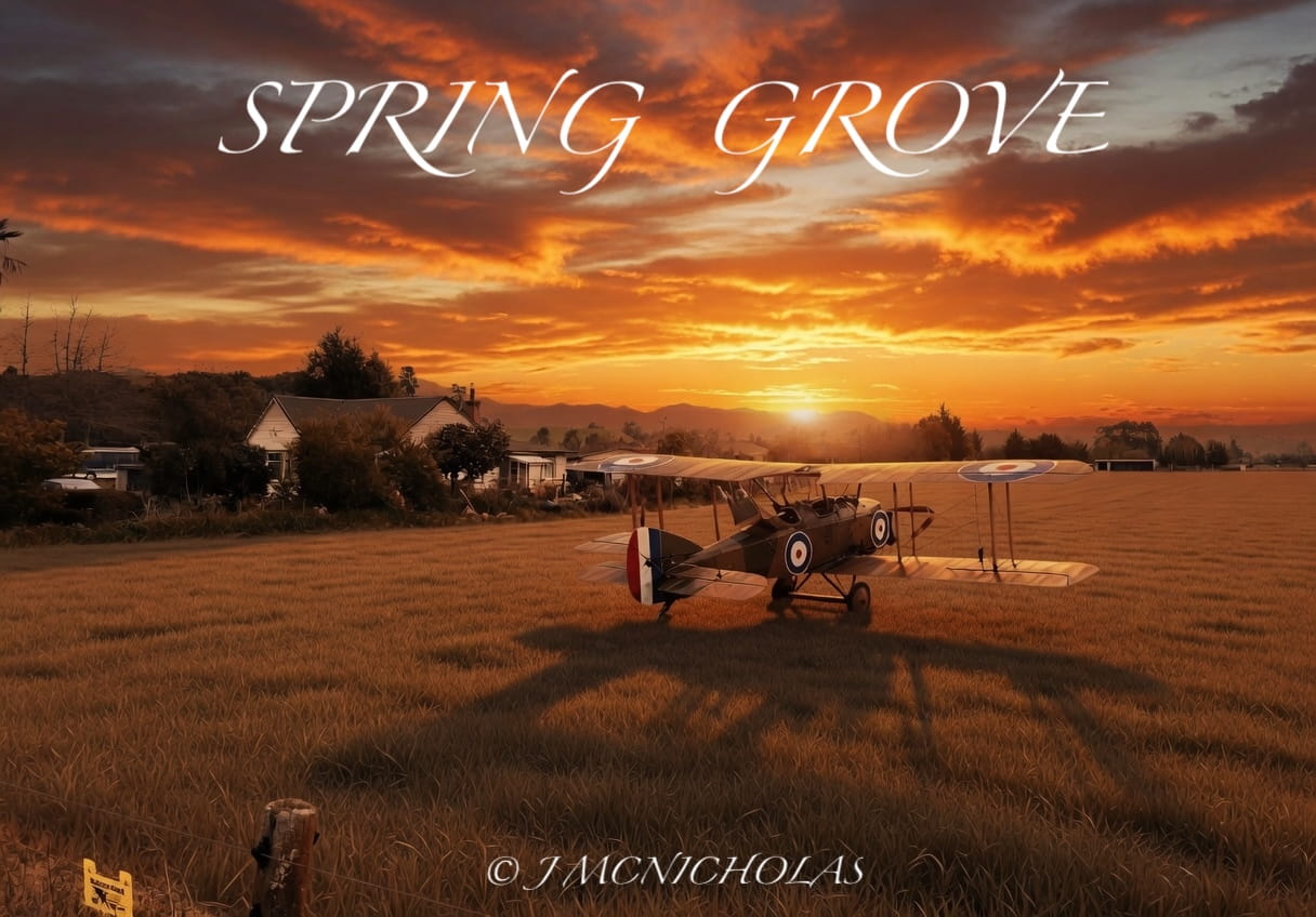 A biplane parked in a field with a sunset in the background.
